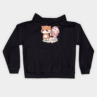 White Brown Cat with Cute Baby Pink Rabbit Kids Hoodie